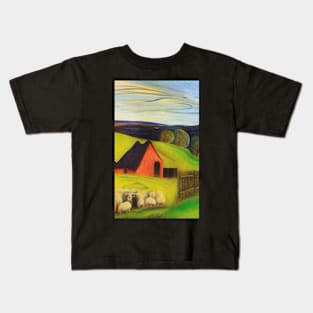 Colourful oil painting of a farm with sheep Kids T-Shirt